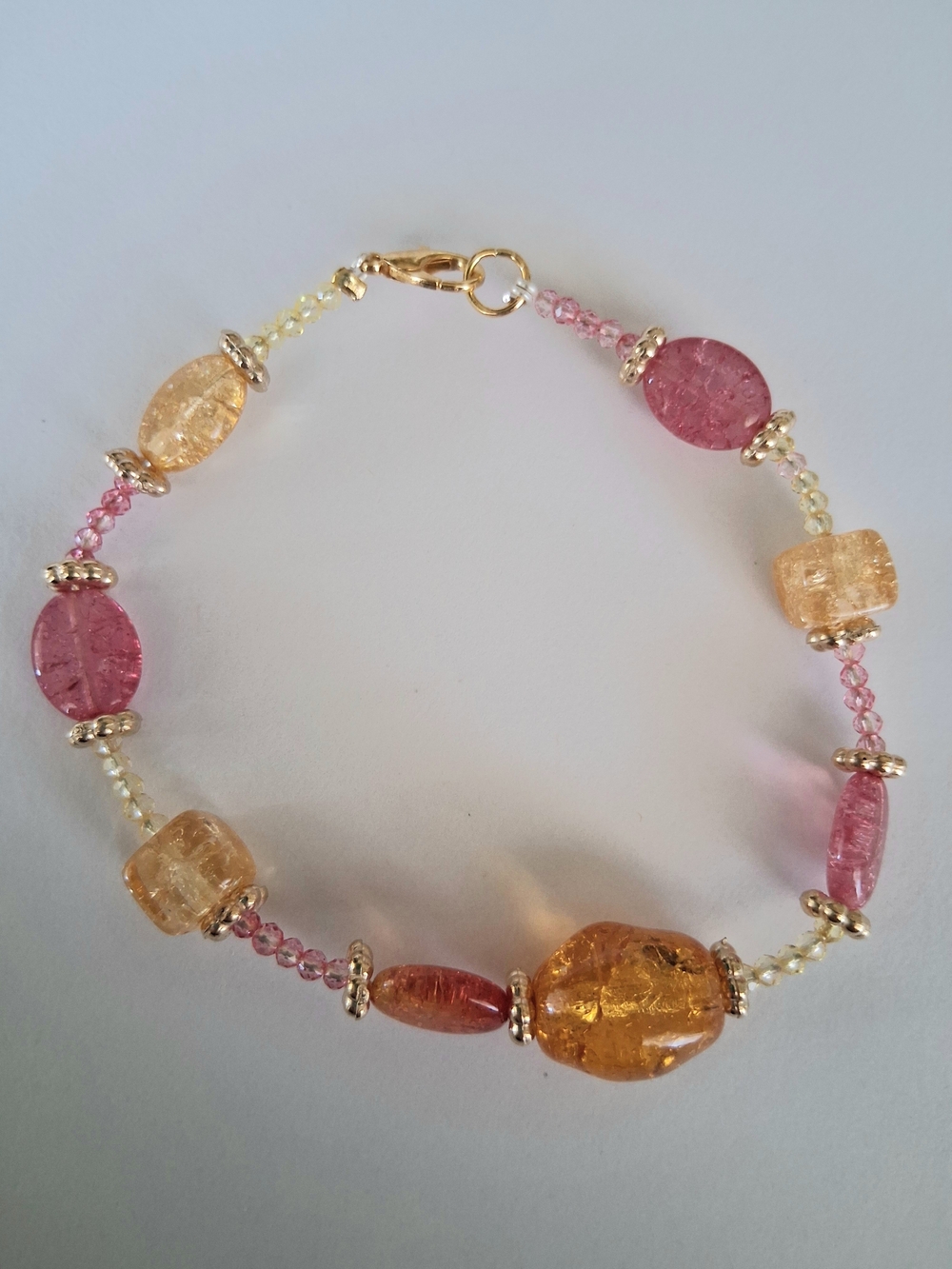 Dark Coral Pink & Gold Handmade Beaded Bracelet in Gold Tones
